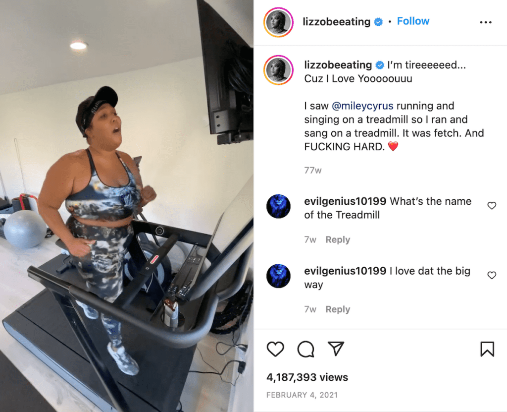 lizzo on peloton tread full instragram post