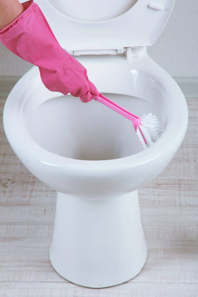 Woman hand with brush cleaning a toilet bowl in a bathroom